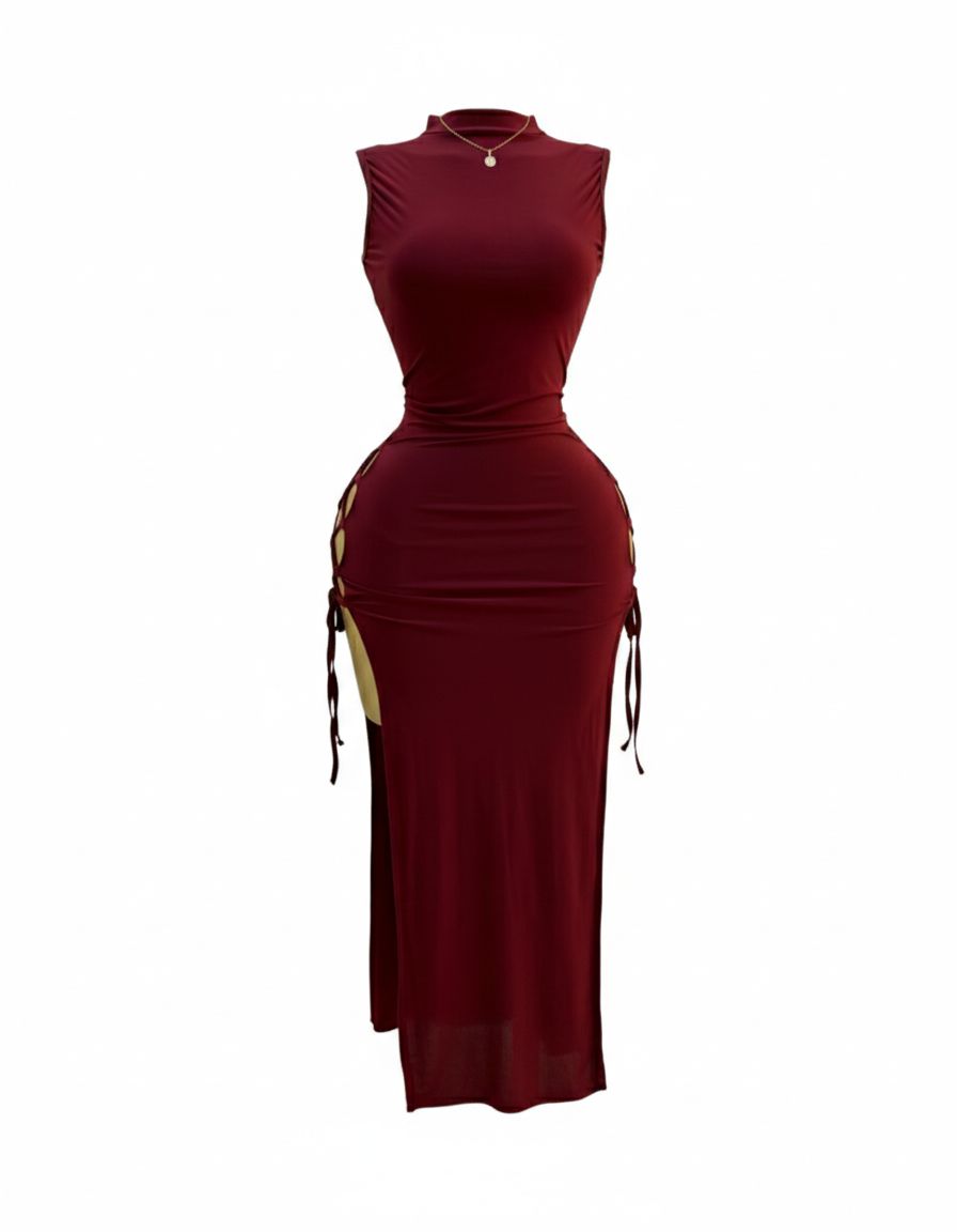 Burgundy Lace-Up Side Midi Lingerie Dress
