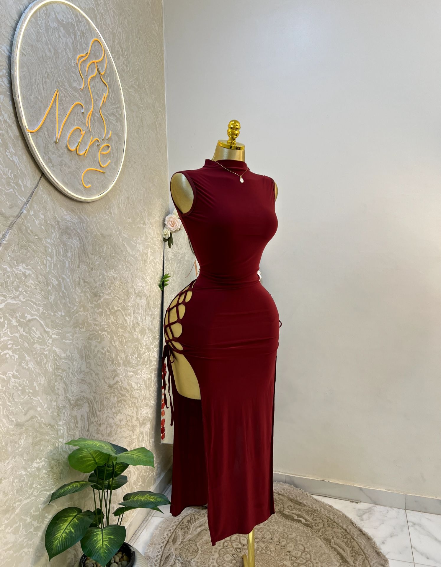 Burgundy Lace-Up Side Midi Lingerie Dress