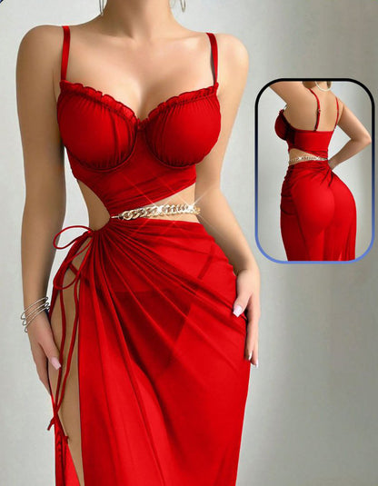 Piece3 Set Drawstring Waist Slimming Long Dress+Thong+Chain Decor Belt