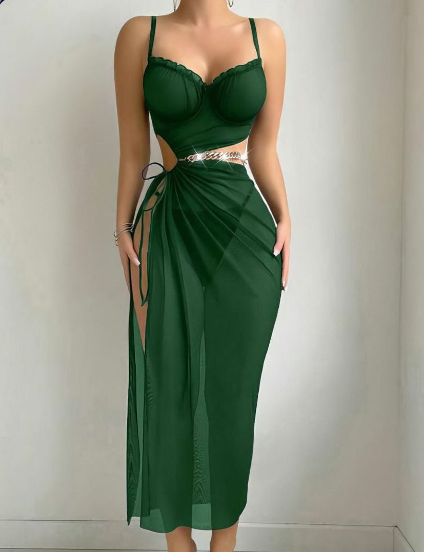 Piece3 Set Drawstring Waist Slimming Long Dress+Thong+Chain Decor Belt