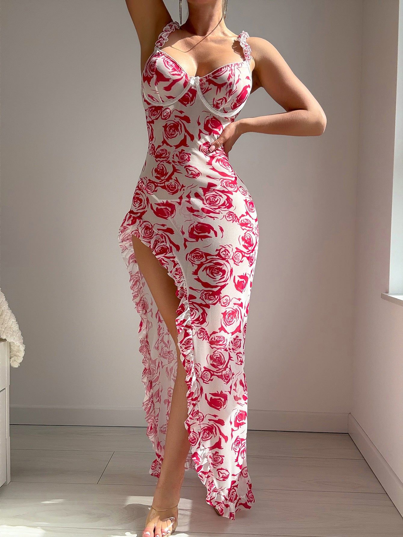 Romantic Floral Print Ruffle Trim High Slit Camisole Dress