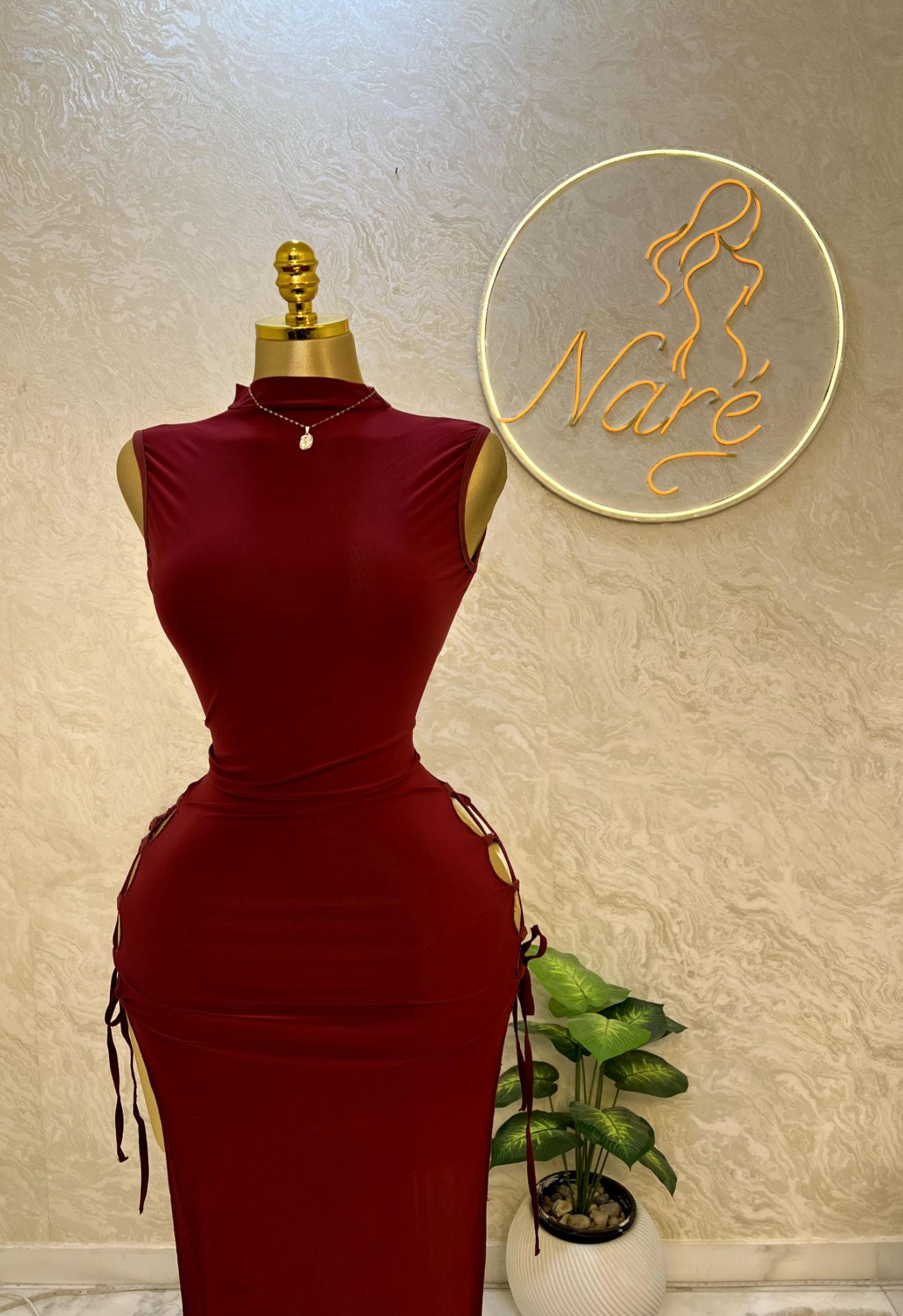 Burgundy Lace-Up Side Midi Lingerie Dress